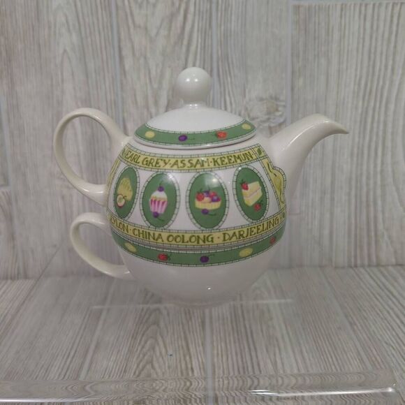 Vintage Arthur Wood Est 1884 Tea for One Set Stacking Teapot & Cup White Green - Picture 1 of 9